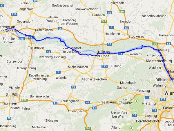Die Route - vom Treffpunkt bei der Floridsdorfer Brücke bis nach Krems - und natürlich wieder retour